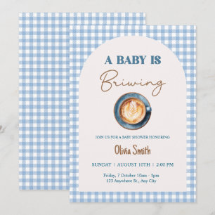 Baby is Brewing Coffee Baby Shower Blue Gingham  Invitation