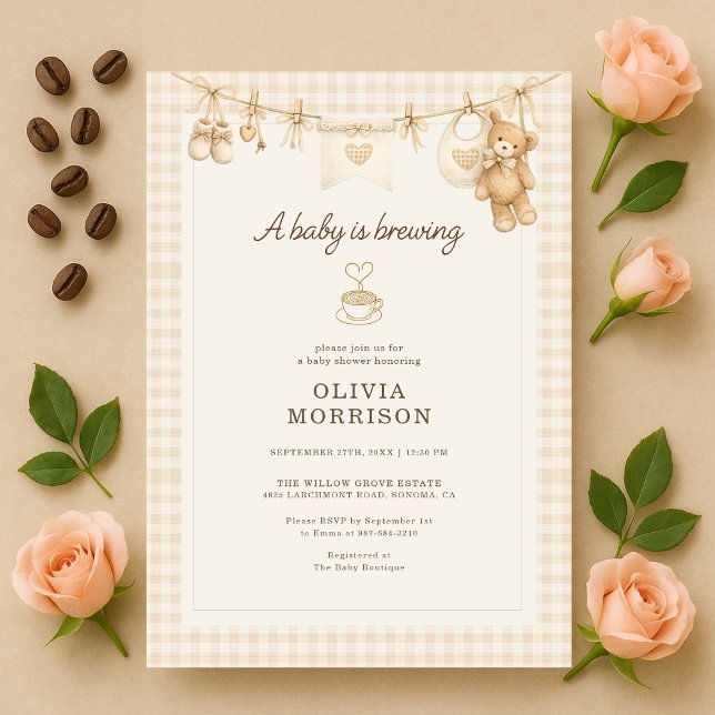Baby is Brewing Coffee Clothesline Baby Shower Invitation (Creator Uploaded)