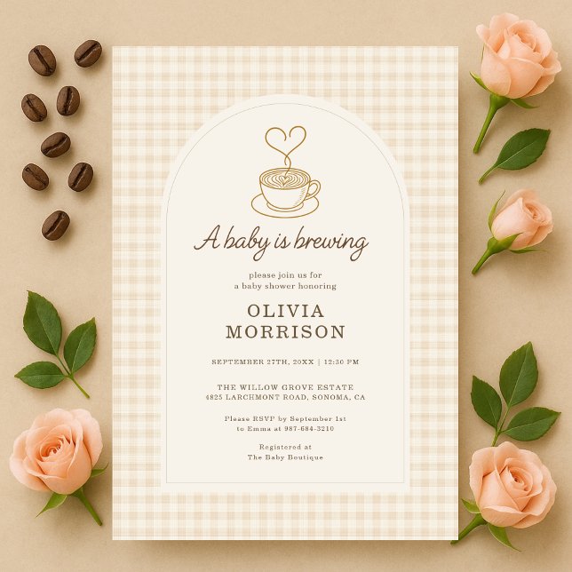 Baby is Brewing Coffee Gingham Baby Shower Invitation (Creator Uploaded)