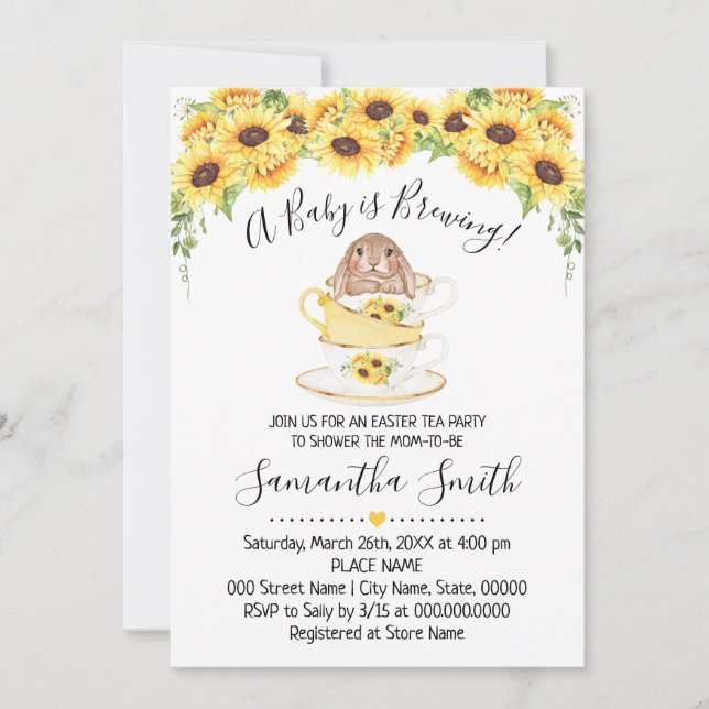 Baby is Brewing Easter Tea Sunflower Shower Invite (Front)