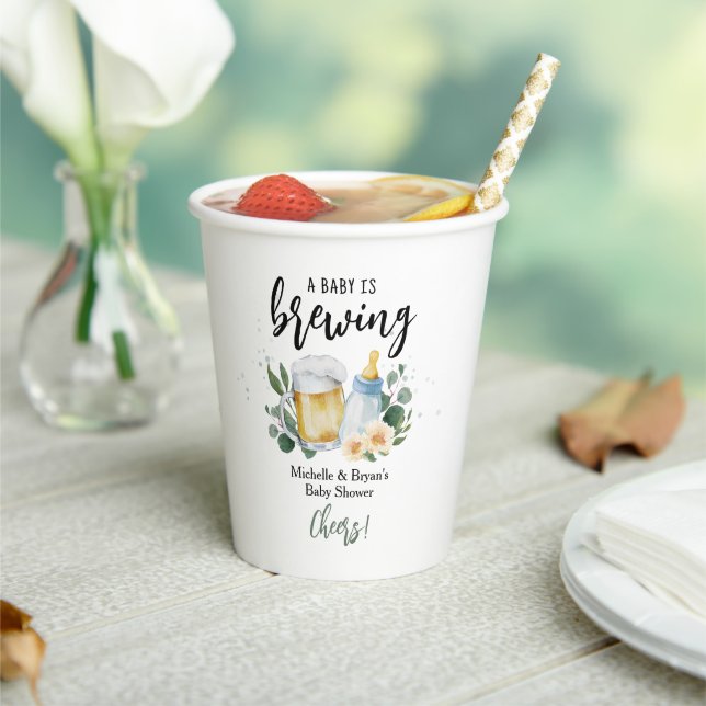 Baby Is Brewing Greenery Baby Shower Cheers Paper Cups (Insitu)