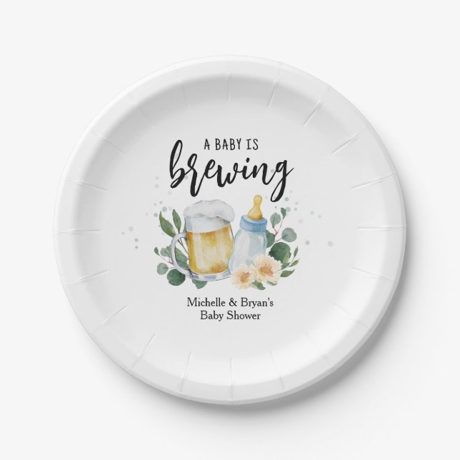 Baby Is Brewing Greenery Baby Shower  Paper Plate (Front)