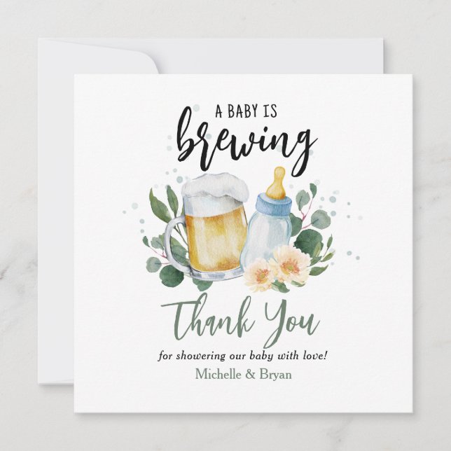 Baby Is Brewing Greenery Shower Thank You Card (Front)
