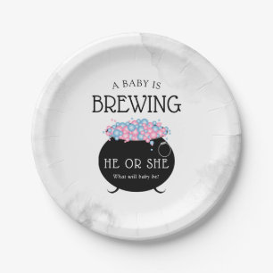 Baby Is Brewing Halloween Gender Reveal Party Paper Plate