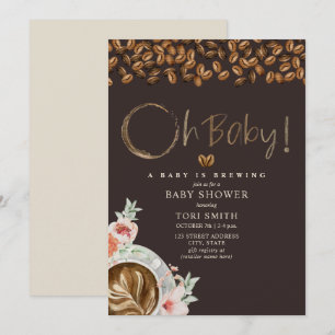 Baby Is Brewing Oh Baby Dark Coffee Floral Shower Invitation