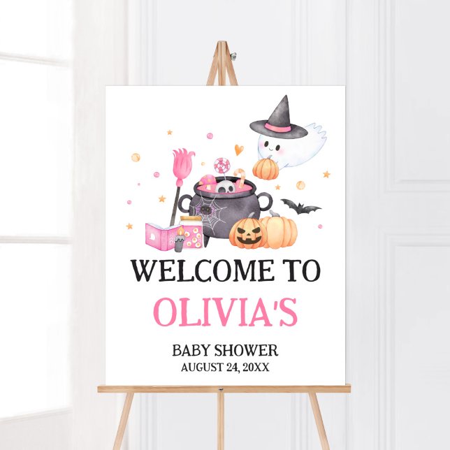 Baby is Brewing Pink Halloween Baby Shower Welcome Poster (Baby is Brewing Baby Shower Welcome Sign)