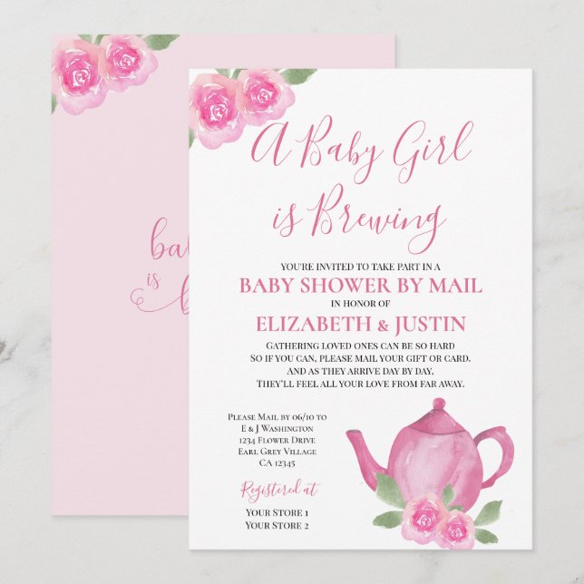 Baby is Brewing Pink Teapot Baby Shower by Mail Invitation (Front/Back)