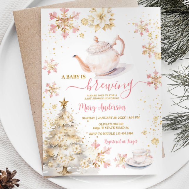 Baby Is Brewing Pink Winter Tea Party Baby Shower Invitation (Creator Uploaded)
