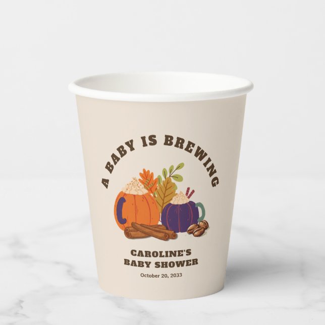Baby Is Brewing Pumpkin Coffee Fall Baby Shower Paper Cups (Front)