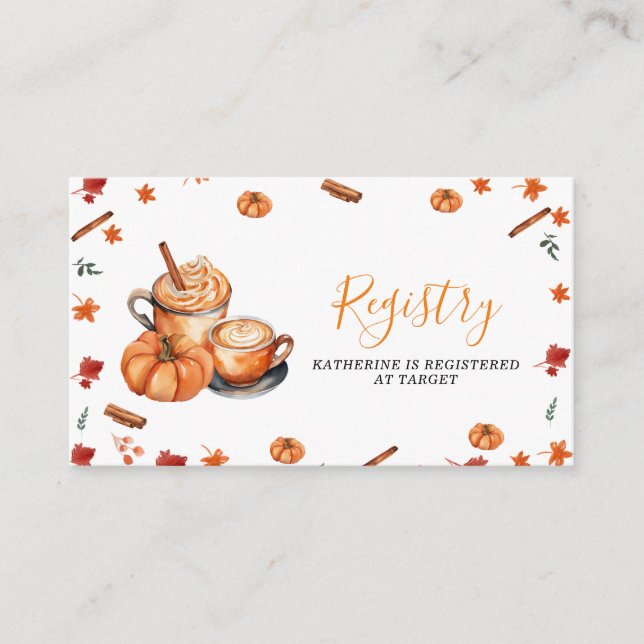 Baby Is Brewing Pumpkin Spice Baby Shower Registry Enclosure Card (Front)