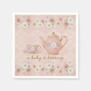 Baby Is Brewing Tea-Party Pink Floral Baby Shower Napkin