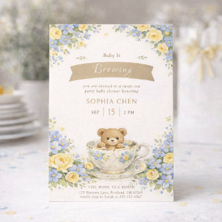 Baby is Brewing Whimsical Blue Yellow Floral Bear Invitation
