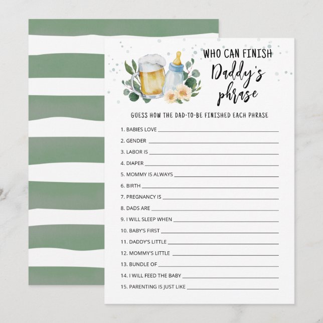 Baby Is Brewing Who can finish Daddy's phrase card (Front/Back)