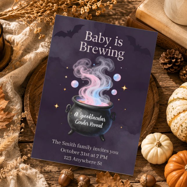 Baby Is Brewing Witch pot Halloween Gender Reveal Invitation (Creator Uploaded)