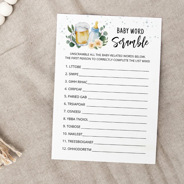  Baby Is Brewing Word Scramble Baby Shower Card (Beer Sage Green Baby Shower Baby Word Scramle Game)