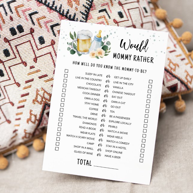Baby Is Brewing Would Mommy Rather Game Card (Beer Sage Green Baby Shower Would Mommy Rather Game)