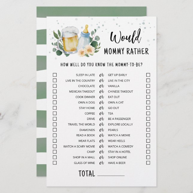 Baby Is Brewing Would Mommy Rather Game Greenery  (Front/Back)