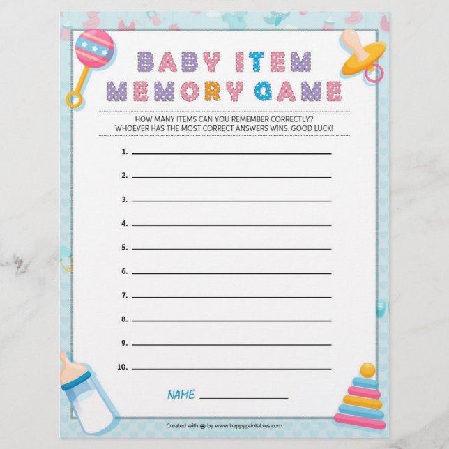 Baby Item Memory Game [Baby Basics Blue] Letterhead (Front)
