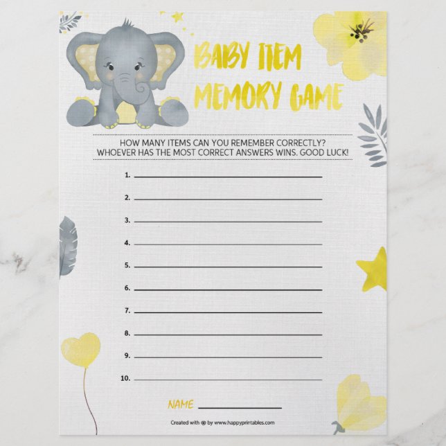 Baby Item Memory Game [Baby Elephant [Yellow]] Letterhead (Front)