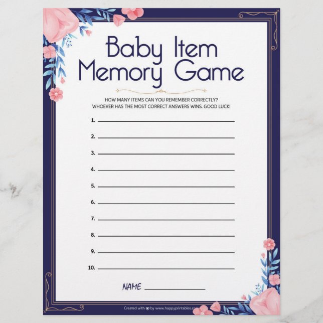 Baby Item Memory Game [Floral Frame] Letterhead (Front)