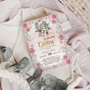 Baby It's cold Floral Deer Baby Girl Shower Invitation