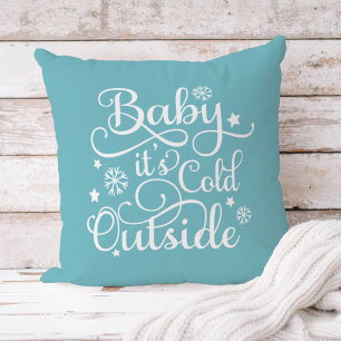 Baby It's Cold Outside Aqua Blue Script Holiday Throw Pillow