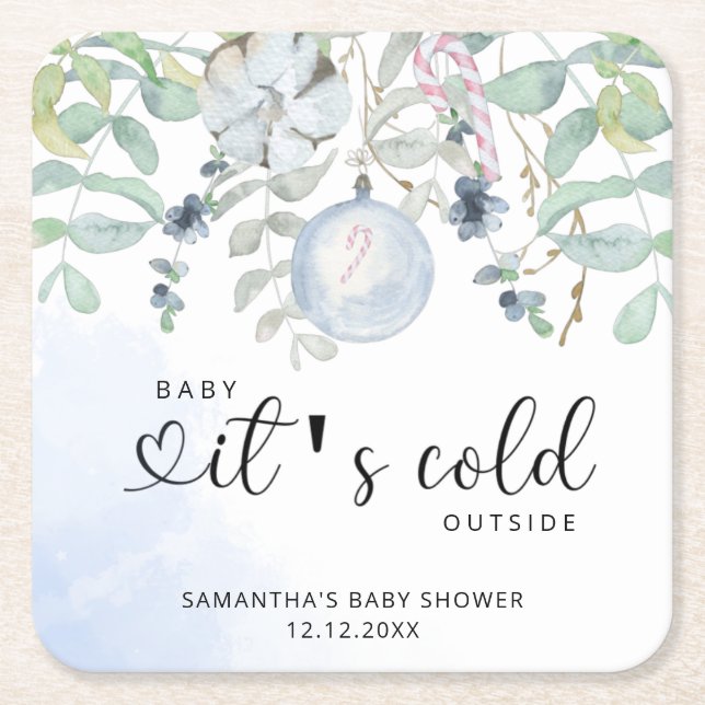 Baby it's cold outside baby shower invitation square paper coaster (Front)