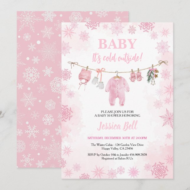 Baby It's Cold Outside Baby Shower Pink Girl Winte Invitation (Front/Back)