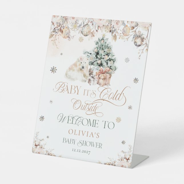 Baby it's Cold Outside Bear Baby Shower Welcome Pedestal Sign (Front)
