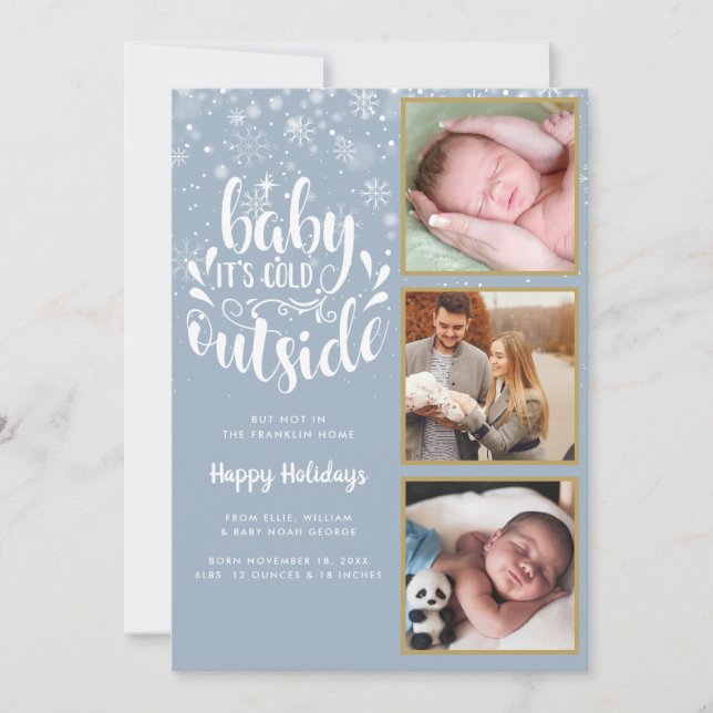 Baby Its Cold Outside Blue 3 Photo Birth Holiday Card (Front)
