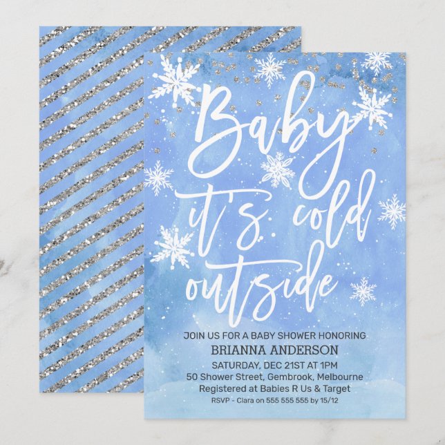 Baby it's cold outside blue baby shower invitation (Front/Back)