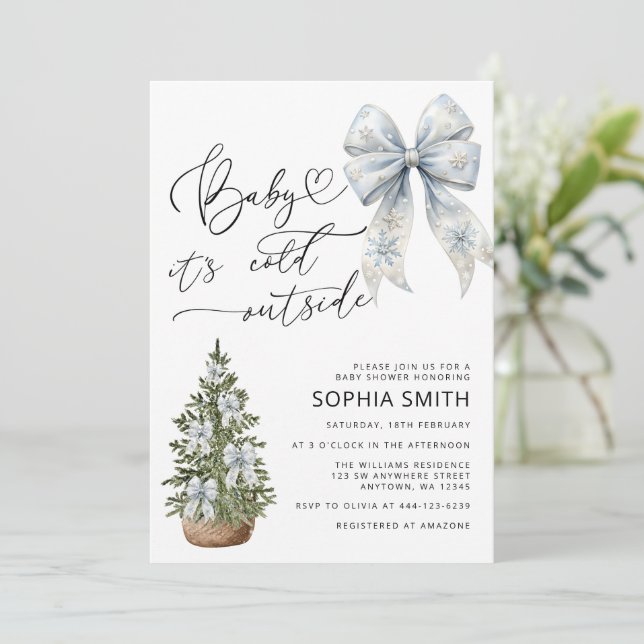 Baby It's Cold Outside Blue Bow Baby Shower Invitation (Standing Front)