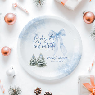 Baby Its Cold Outside, Blue Bow Winter Baby Shower Paper Plate