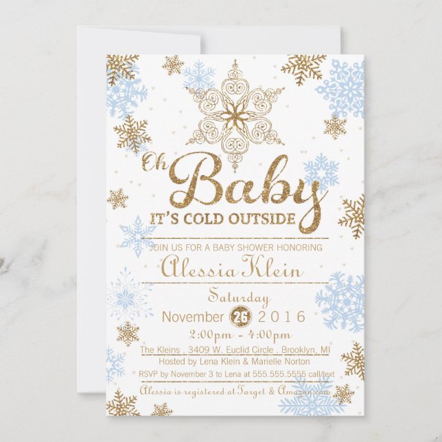 Baby It's Cold Outside, Blue Gold Baby Shower Invitation (Front)