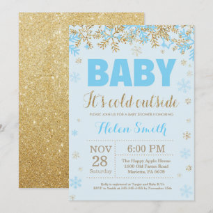 Baby its Cold Outside Blue Gold Boy Baby Shower Invitation