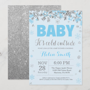 Baby its Cold Outside Blue Silver Boy Baby Shower Invitation