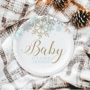 Baby It's Cold Outside Blue Snowflake Baby Shower Paper Plate