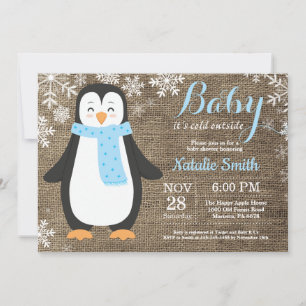 Baby its Cold Outside Burlap Penguin Baby Shower Invitation