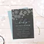 Baby It's Cold Outside Chalkboard Shower Invite<br><div class="desc">Brrr! Frosty chic invitations for winter baby showers feature a top border of white snowflakes against a chalkboard background,  with "baby it's cold outside" in blue and white lettering. Personalize with your baby boy shower details beneath using the template fields. Cards reverse to solid ice blue.</div>