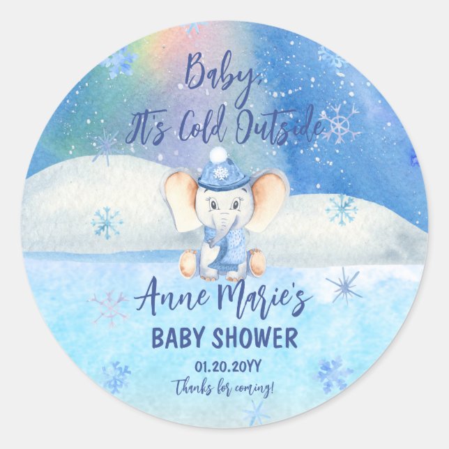 Baby It's Cold Outside Elephant Winter Baby Shower Classic Round Sticker (Front)