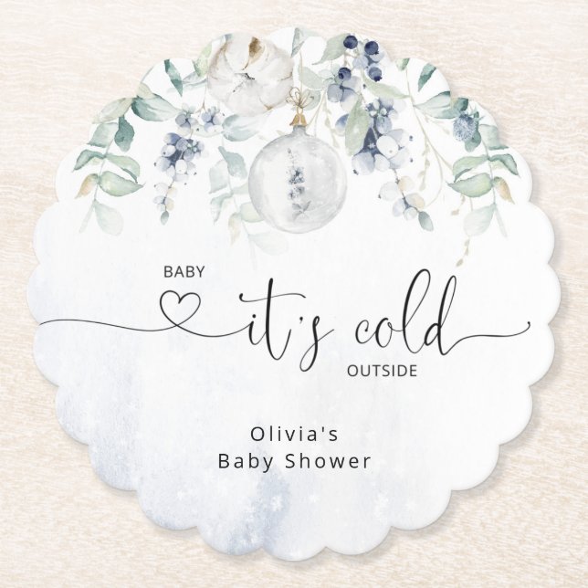 Baby its cold outside eucalyptus baby shower paper coaster (Front)
