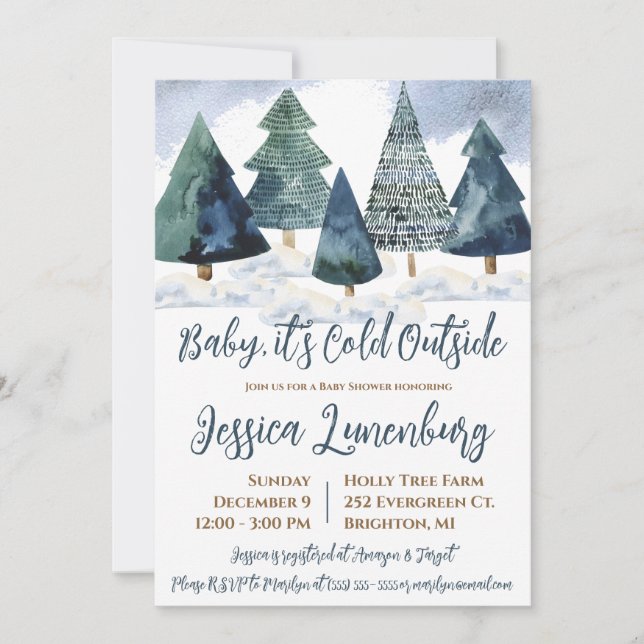 Baby it's Cold Outside, Evergreen Tree Baby Shower Invitation (Front)