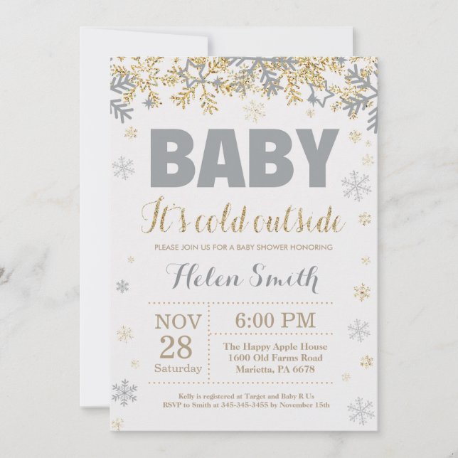 Baby its Cold Outside Gold and Grey Baby Shower Invitation (Front)