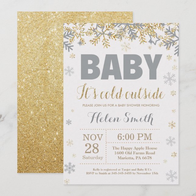 Baby its Cold Outside Gold and Grey Baby Shower Invitation (Front/Back)