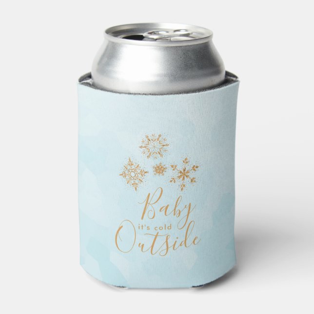 Baby it's Cold Outside Gold Snowflakes on Blue Can Cooler (Can Front)