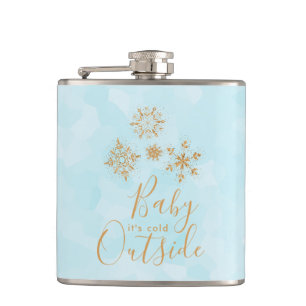 Baby it's Cold Outside Gold Snowflakes on Blue Hip Flask