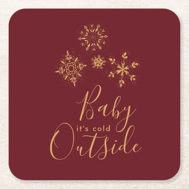 Baby it's Cold Outside Golden Snowflakes Square Paper Coaster (Front)