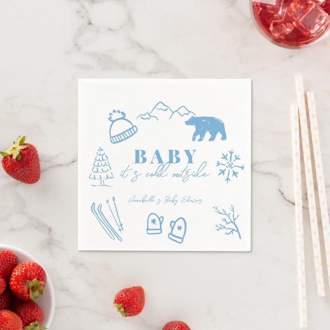 Baby It's Cold Outside Hand-drawn Blue Baby Shower Napkin (Insitu)