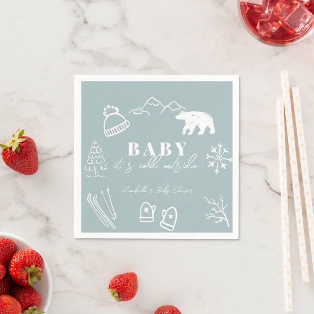 Baby It's Cold Outside Hand-drawn Blue Baby Shower Napkin (Insitu)