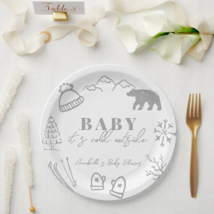 Baby It's Cold Outside Hand-drawn Gray Baby Shower Paper Plate